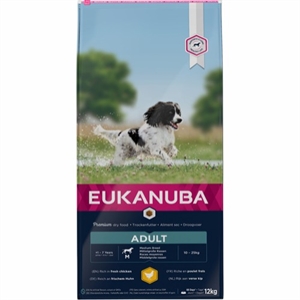 12 kg Eukanuba hundefoder Adult Medium med kylling fra 12 mdr til 7 år