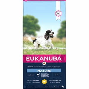 12 kg Eukanuba hundefoder Mature Medium Breed med kylling fra 7 til 10 år