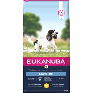 15 kg Eukanuba hundefoder Mature Medium Breed med kylling fra 7 til 10 år