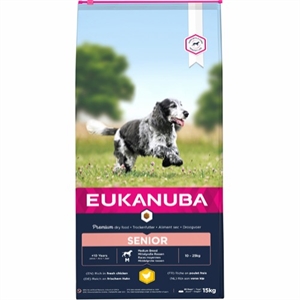 15 kg Eukanuba hundefoder Senior Medium Breed med kylling + 10 år