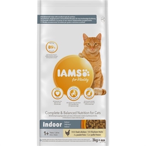 3 kg Iams kattefoder med kylling til indendørs katte fra 1 år