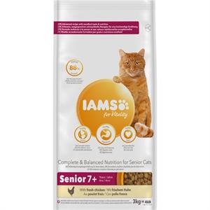 3 kg Iams kattefoder til voksen og senior katte - fra 7 år - med kylling