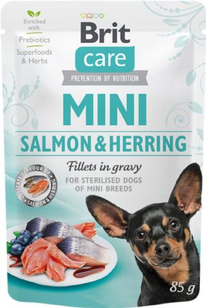 24 stk x 85 g Brit Care vådfoder med sild og lakse fileter i sovs til voksne steriliserede hunde af små racer