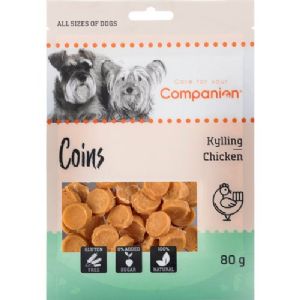 5 stk Companion hundesnack med kylling mønter 80g sukker og glutenfri