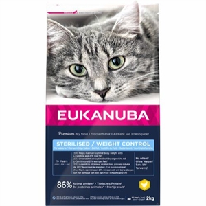 2 kg Eukanuba kattefoder med kylling og lever Overweight - sterillsed fra 1 til 11 år