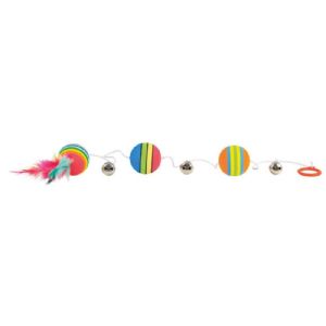 Trixie Kattelegetøj 3 stk. Regnbuebolde i elastik med fjer og klokker 80 cm - ø 3,5 cm
